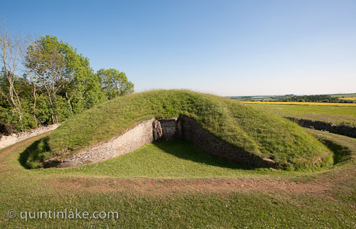 Belas Knap neolithic long barrow, Northern False Portal from 4m high vantage