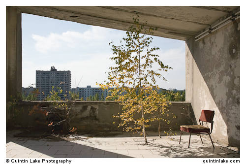 A silver birch tree grows through the floor on the terrace of Hotel Polissia. The hammer and sickle is visable atop the distant appartments.
