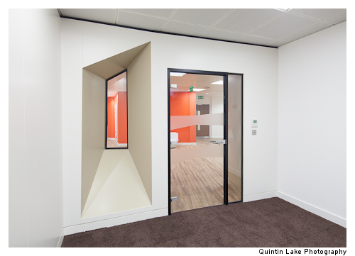 Private spaces have windows visually connecting to the rest of the office