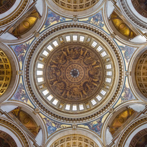 St Paul's Cathedral, interior of the dome showing James Thornhill's painting depicting eight scenes from the life of St Paul whilst continuing an illusion of the real architectural features.