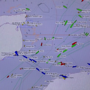 Automatic Identification System in South foreland lighthouse showing live ship movements in the English Channel, the world's busiest seaway, with over 500 ships passing per day. The map shows the  Goodwin Sands, a 16km sandbank where more than 2,000 ships are believed to have been wrecked.