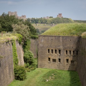 Drop Redoubt built in 1808 during the Napoleonic wars. Dover Castle and St. Mary in Castro church behind.