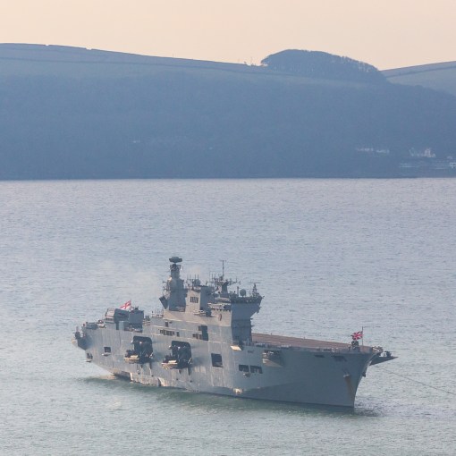 HMS Ocean, the helicopter carrier and assault ship is Britain’s biggest warship and the Flagship of the Royal Navy. Plymouth Sound, Devon.