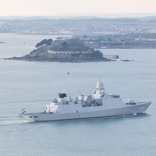Dutch Frigate, De Ruyter passes Drake’s Island, Plymouth Sound, Devon.