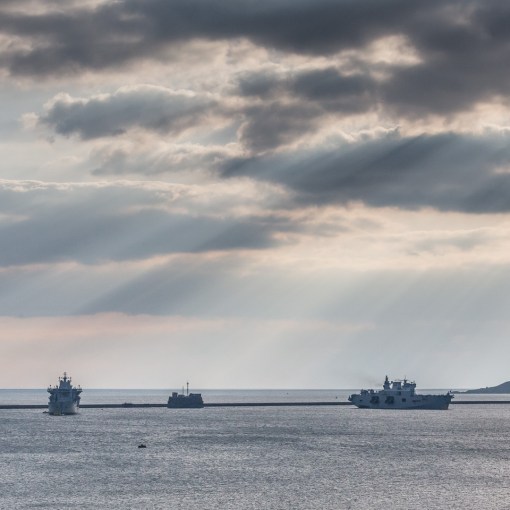 RFA Wave Knight, Breakwater Fort &amp; HMS Ocean by Plymouth Breakwater, Devon.