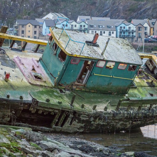 The wreck of fishing boat Dignity, Hooe Lake, Plymouth, Devon.