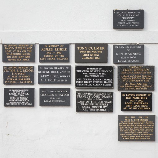 Plaques of remembrance for sailors lost at sea, Sutton Harbour, Plymouth, Devon.