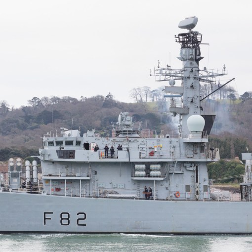 HMS Somerset, a frigate of the Royal Navy leaving Devonport, Plymouth.