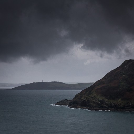 Rain clouds over Gribbin Head &amp; Blackbottle Rock, Cornwall.