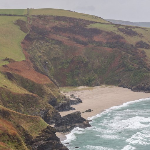 Lantic Bay in rain, Cornwall.
