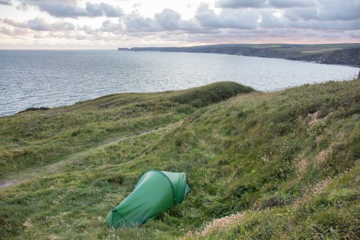Camp with view to Tintagel, Tresungers Point, Cornwall.
