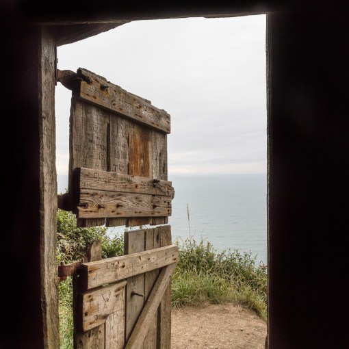 Hawker’s Hut, view out to the Atlantic ocean, Cornwall.