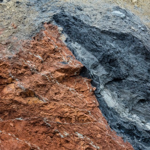 Fault line between red and grey marls, Warren Bay, Somerset.