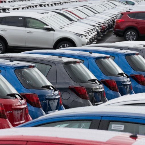 New cars waiting at the docks in Avonmouth, Avon.