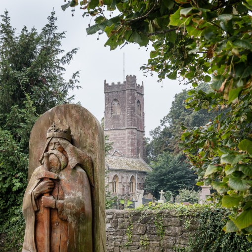 Sculpture of Welsh king and martyr St Tewdrig who died here in 630, St Tewdric’s Church, Mathern, Gwent.