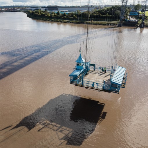 Gondola crossing the River Usk, Newport Transporter Bridge, Gwent.
