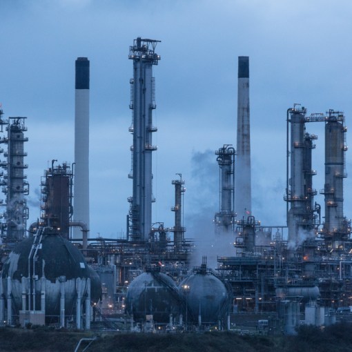 Chimney forest, Pembroke Oil Refinery, Rhoscrowther, Dyfed.