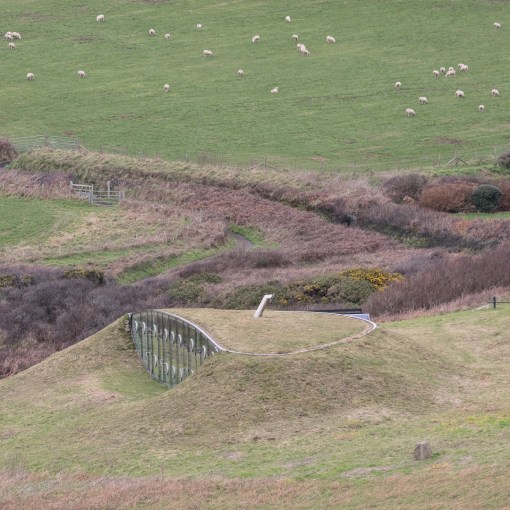 Malator from above, an earth house built in 1998. Architect: Future Systems. Druidston Haven, Pembrokeshire.