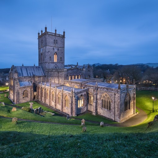 St David’s Cathedral at dusk from the gatehouse, started 1123, Pembrokeshire.