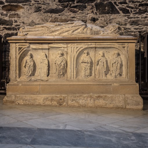 Chest tomb showing incline of nave, St David’s Cathedral, Pembrokeshire.